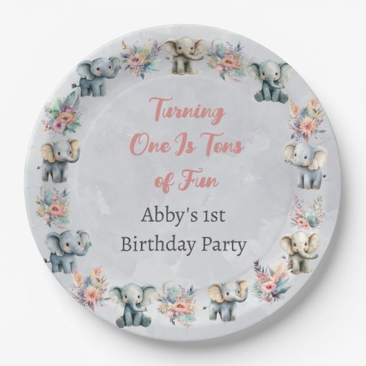 ゾウ&ボーホジャングルの花オングレー誕生日 ペーパープレート (正面)