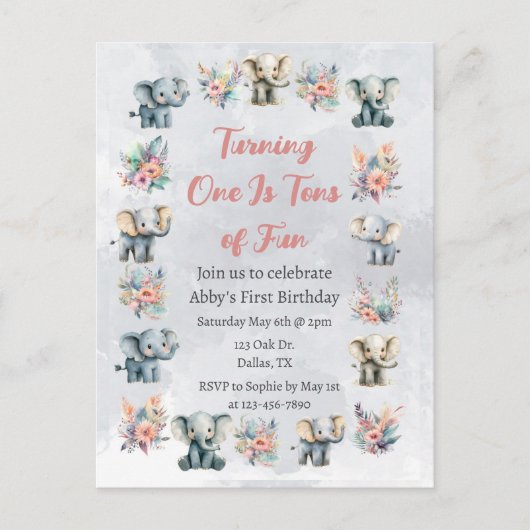 ゾウ&ボーホジャングルの花オングレー誕生日 ポストカード (正面)