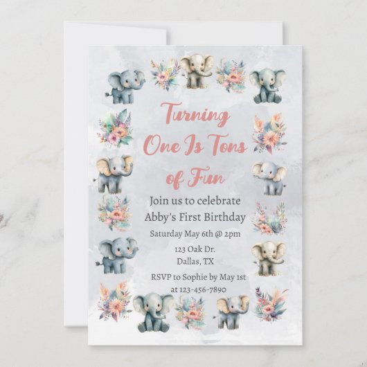 ゾウ&ボーホジャングルの花オングレー誕生日 招待状 (正面)