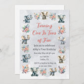 ゾウ&ボーホジャングルの花オングレー誕生日 招待状 (正面/裏面)