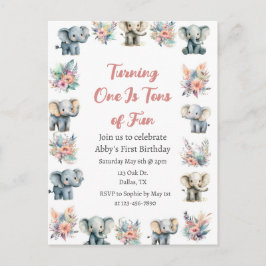 ゾウ&ボーホジャングルフラワーズ誕生日 ポストカード