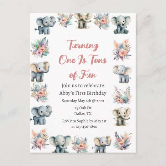 ゾウ&ボーホジャングルフラワーズ誕生日 ポストカード (正面)