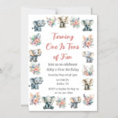 ゾウ&ボーホジャングルフラワーズ誕生日 マグネット招待状 (正面)