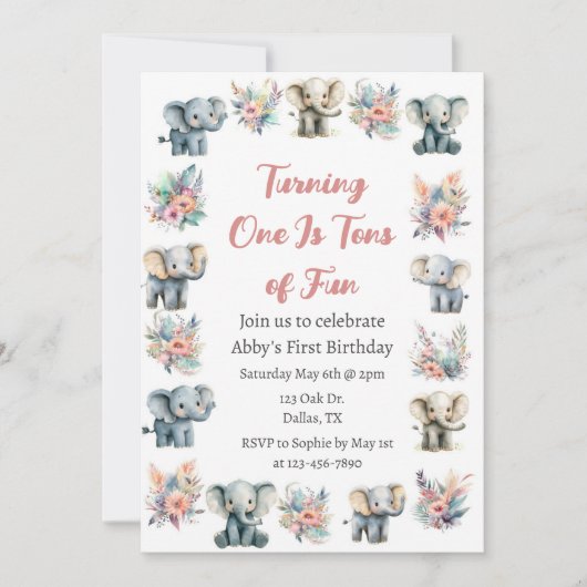 ゾウ&ボーホジャングルフラワーズ誕生日 招待状 (正面)