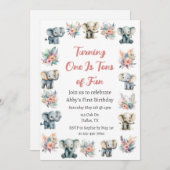 ゾウ&ボーホジャングルフラワーズ誕生日 招待状 (正面/裏面)