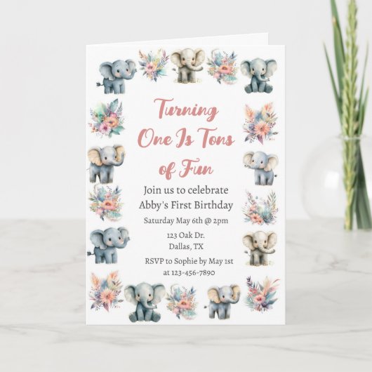 ゾウ&ボーホジャングルフラワーズ誕生日 招待状 (正面)