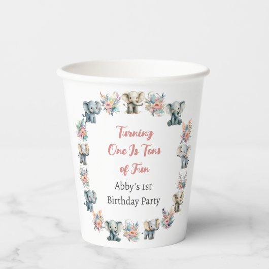 ゾウ&ボーホジャングルフラワーズ誕生日 紙コップ (正面)