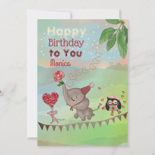 ゾウ、マウス&フクロウイラストレーション誕生日カード シーズンカード (正面)