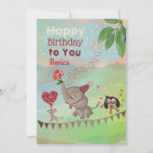 ゾウ、マウス&フクロウイラストレーション誕生日カード シーズンカード (正面)