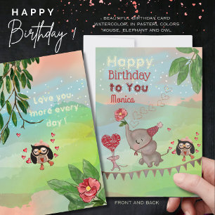 ゾウ、マウス&フクロウイラストレーション誕生日カード シーズンカード