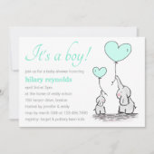 ゾウ |ミントグリーンハートバルーン赤ちゃんシャワー 招待状 (正面)