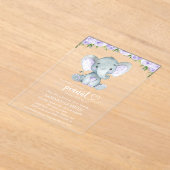 ゾウ、紫の水彩花、赤ちゃんシャワー アクリル招待状 (レイダウン)