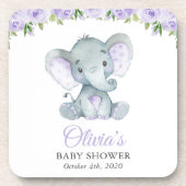 ゾウ、紫の水彩花、赤ちゃんシャワー コースター (正面)