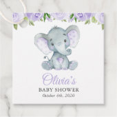 ゾウ、紫の水彩花、赤ちゃんシャワー フェイバータグ (正面)