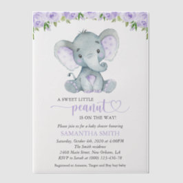 ゾウ、紫の水彩花、赤ちゃんシャワー ベラム紙招待状
