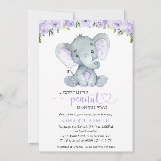 ゾウ、紫の水彩花、赤ちゃんシャワー 招待状 (正面)
