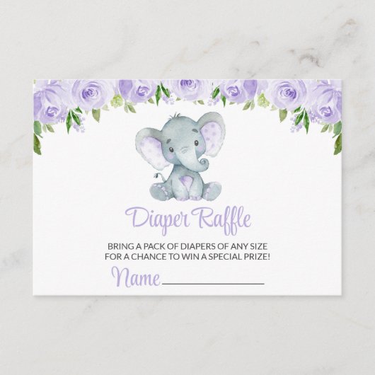 ゾウ、紫色の水彩花、おむつラッフル エンクロージャーカード (正面)