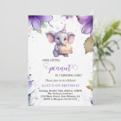 ゾウ、紫色の水彩花、最初の誕生日 招待状 (スタンド正面)