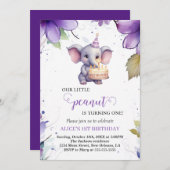 ゾウ、紫色の水彩花、最初の誕生日 招待状 (正面/裏面)