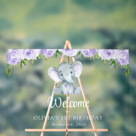 ゾウ、紫色の花、最初の誕生日へようこそ アクリルサイン