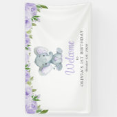 ゾウ、紫色の花、最初の誕生日へようこそ 横断幕 (縦)