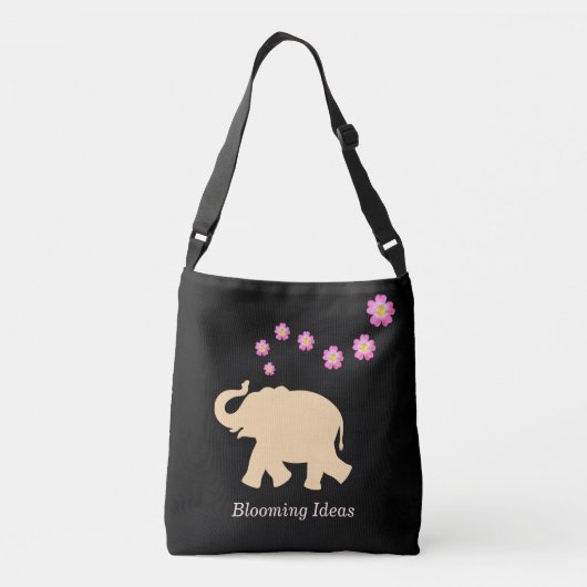 ゾウ、花と咲くアイディア文字オン黒 クロスボディバッグ (裏面)