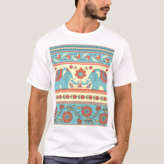ゾウ、花、民族のパタストライプのーン Tシャツ