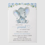 ゾウ、青い水彩の花、ファーストバースデー ベラム紙招待状 (正面)