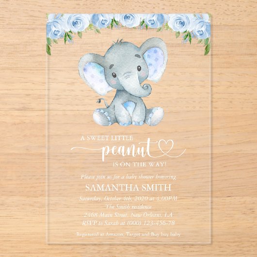 ゾウ、青い水色の花、赤ちゃんシャワー アクリル招待状 (正面)