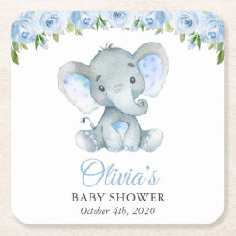 ゾウ、青い水色の花、赤ちゃんシャワー スクエアペーパーコースター