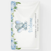 ゾウ、青い花、最初の誕生日へようこそ 横断幕 (縦)