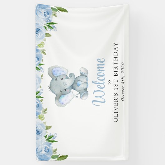 ゾウ、青い花、最初の誕生日へようこそ 横断幕 (縦)