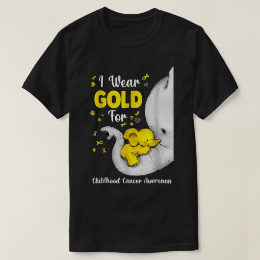 ゾウI衣服金ゴールドリボン小児がんA Tシャツ (デザイン正面)
