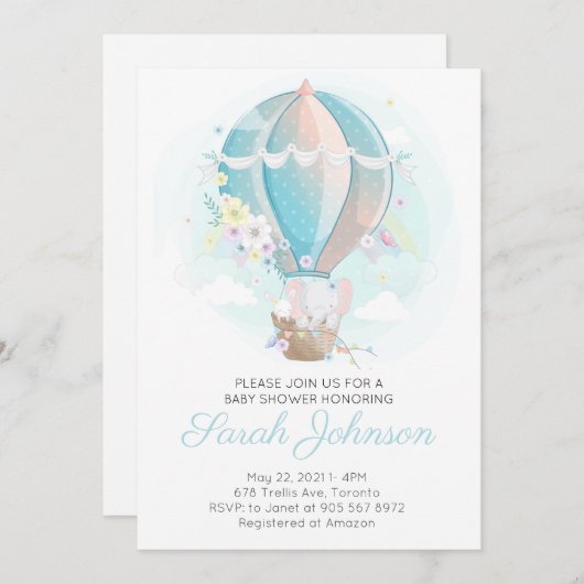 ゾウin熱気球ベビーシャワー招待状 招待状 (正面/裏面)