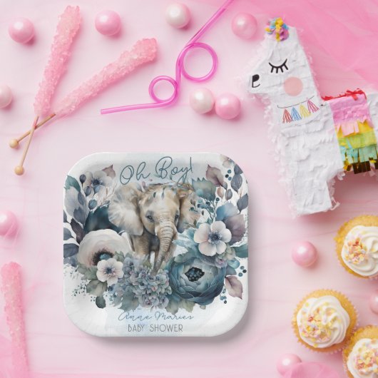 ゾウOhボーイブルーフローラベビーシャワー ペーパープレート (パーティー)