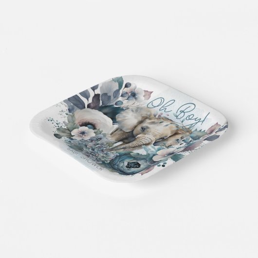 ゾウOhボーイブルーフローラベビーシャワー ペーパープレート (傾斜あり)