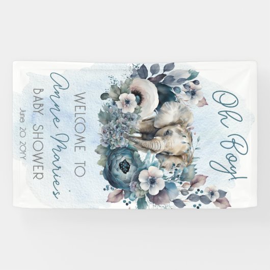 ゾウOhボーイブルーフローラベビーシャワー 横断幕 (横)