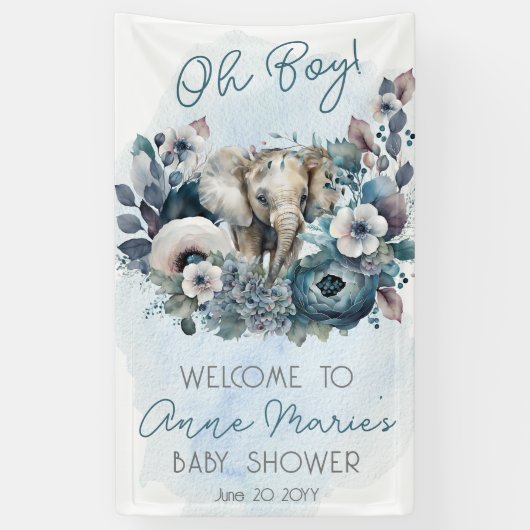 ゾウOhボーイブルーフローラベビーシャワー 横断幕 (縦)