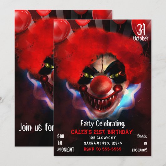 ゾッとする怖い殺人ピエロ ハロウィン 誕生日パーティー 招待状 (正面/裏面)