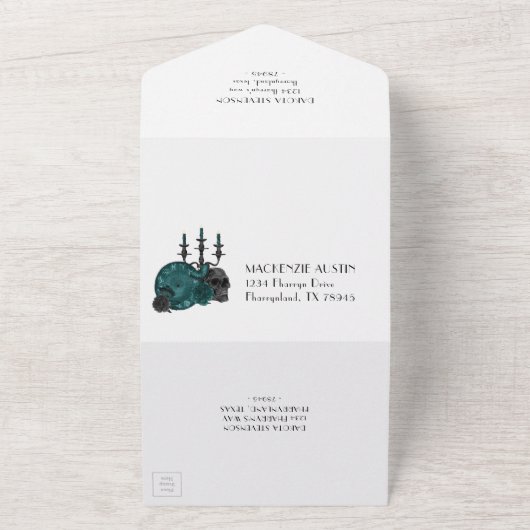 ゾディアックマジック | ダークティールグリーン ゴシック スカル ローズ オールインワン招待状 (外側)