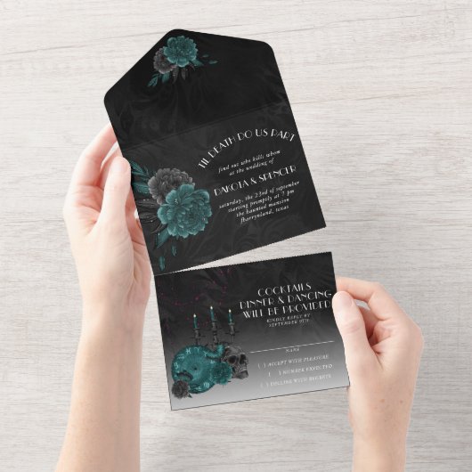 ゾディアックマジック | ダークティールグリーン ゴシック スカル ローズ オールインワン招待状 (貼ってはがせる)