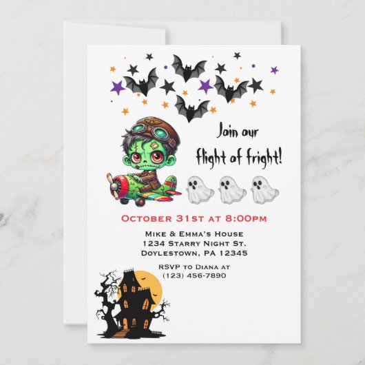 ゾンビお洒落パイロット飛行機かわいい幽霊&こうもり 招待状 (正面)