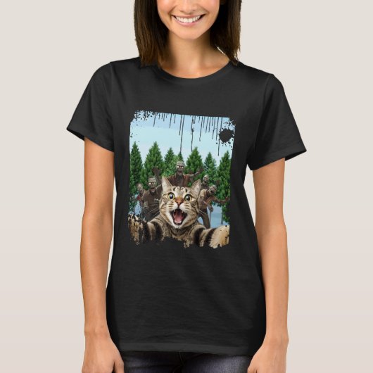 ゾンビとハロウィーンの猫の自撮り Tシャツ (正面)