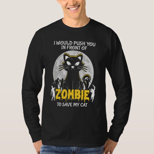 ゾンビに猫を救ってもらうハロウィン Tシャツ (正面)