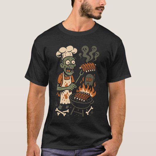 ゾンビのグリルマスター - スケルトンのBBQシェフアート Tシャツ (正面)
