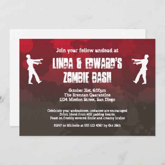 ゾンビのペストの侵入の赤い（ばちゃばちゃ）跳ねるのゴアハロウィン 招待状 (正面/裏面)