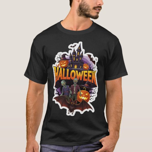 ゾンビの城とパンプキンがある不気味なハロウィーンのシーン Tシャツ (正面)