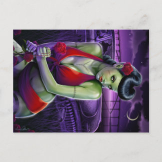 ゾンビの女の子はバラとヴィンテージカーに愛する ポストカード