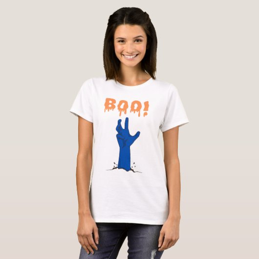 ゾンビの手ハロウィンデザイン「ブー!」 Tシャツ (正面フル)