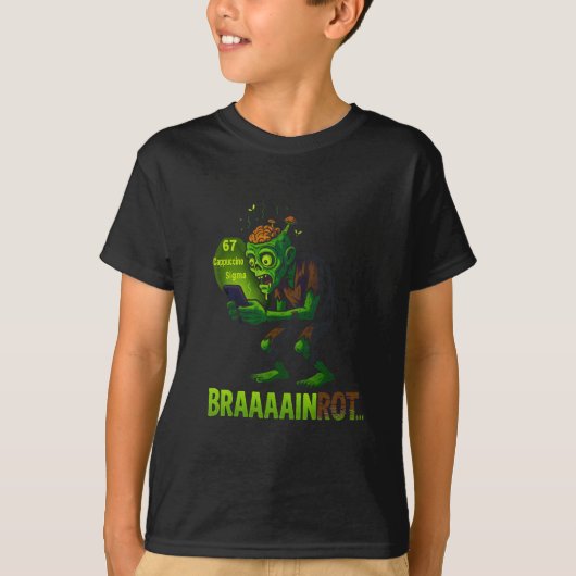 ゾンビの脳が腐る面白いミーム 6 7 ハロウィン 少年 Tシャツ (正面)